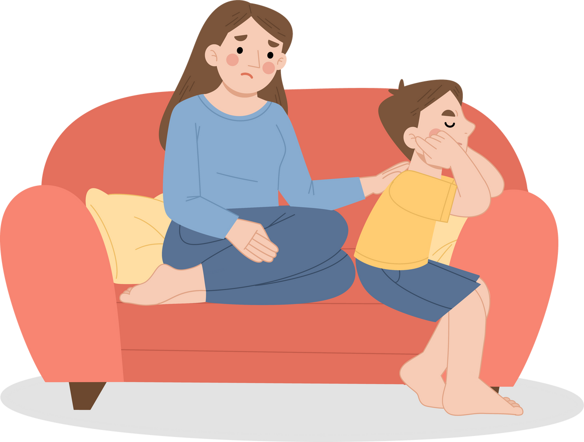 Mother calms angry boy cartoon illustration